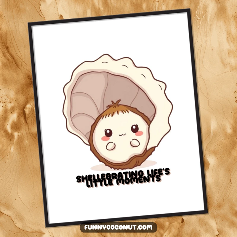 Funny Free Printable Wall Art: Cute shy kawaii coconut peeking from behind a large seashell, evoking a sense of gentle curiosity and coastal calm.