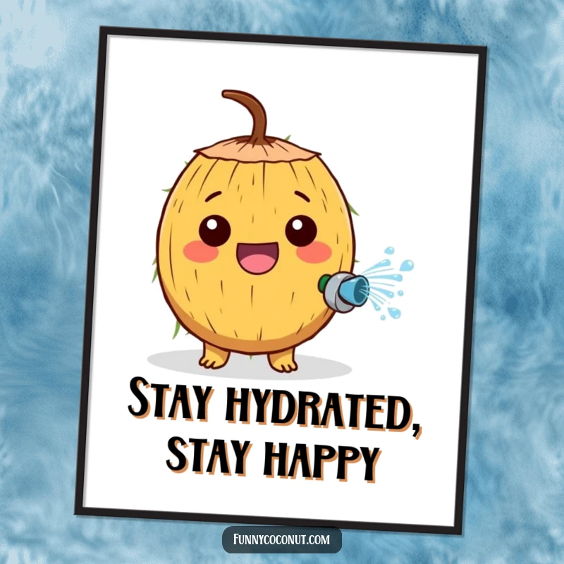 Funny Free Printable Wall Art: A cheerful coconut character excitedly sprays water from a tiny hose, bringing refreshing fun.