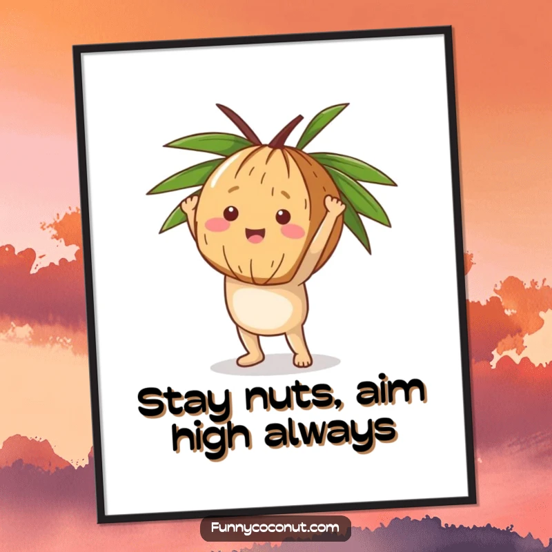 Free printable wall art: a happy coconut balances in a handstand with its husk, showing incredible core strength.