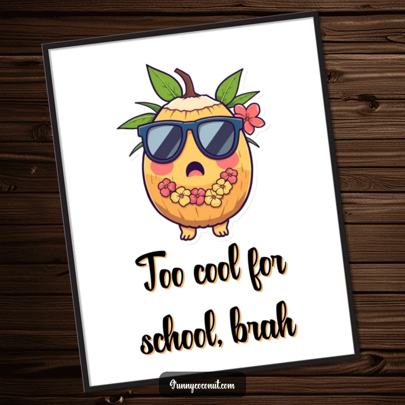 Funny Free Printable Wall Art of a surprised coconut character wearing sunglasses and a lei, a cool downloadable piece.