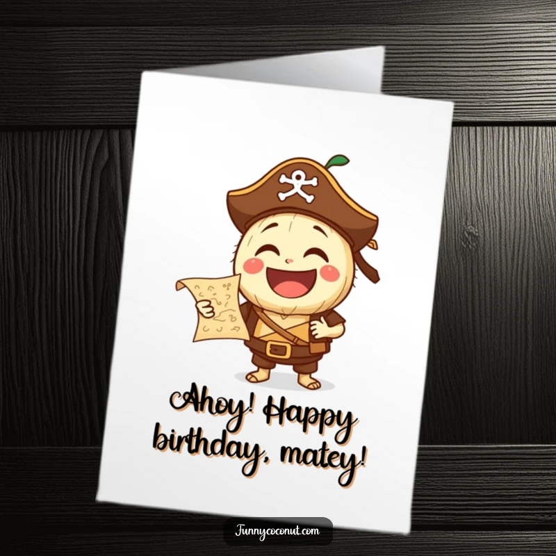 Funny free printable birthday card featuring a laughing pirate coconut holding a treasure map, ready for adventure.
