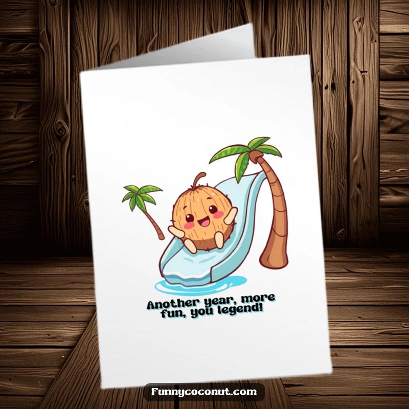 Funny Free Printable Birthday Card: A happy coconut character gleefully sliding down a blue waterslide with a huge grin.