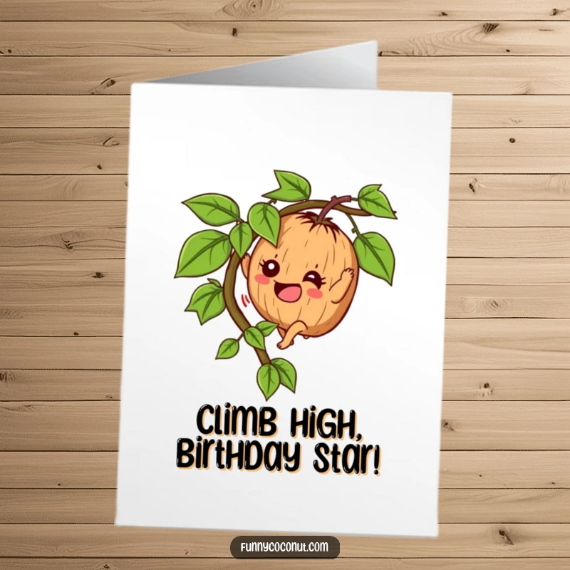 Funny Free Printable Birthday Card: Determined coconut character enthusiastically climbing a vine, a motivational downloadable greeting.