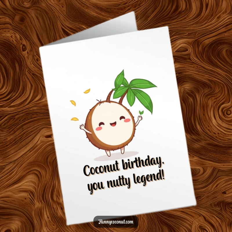 Funny Free Printable Birthday Card: Playful coconut character hilariously juggling small green palm leaves with a big smile.