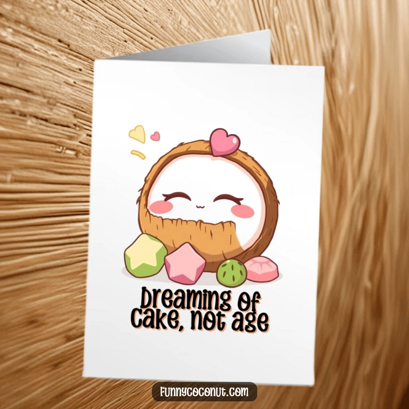 Funny Free Printable Birthday Card: A coconut with closed eyes dreamily wishes for tasty treats. Hilarious downloadable gift.