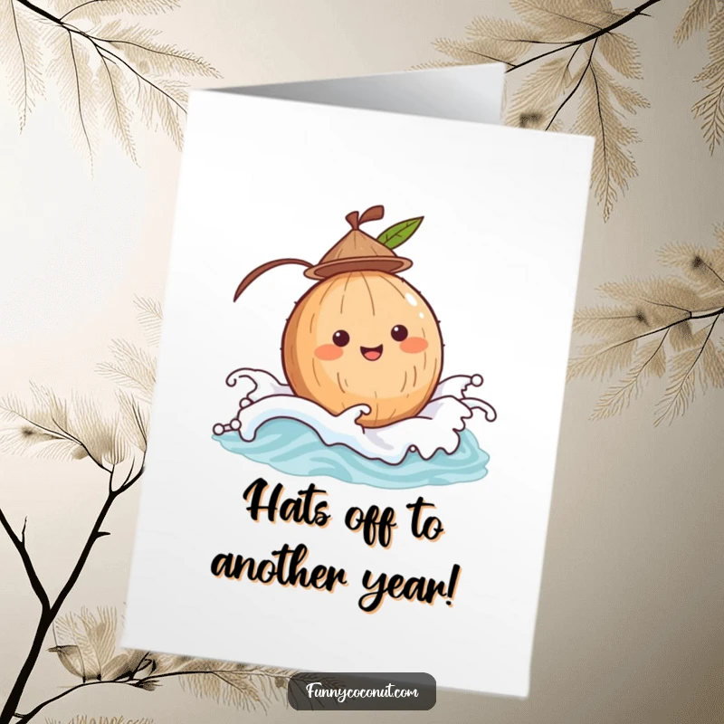Funny Free Printable Birthday Card: A happy coconut wearing a tiny hat bobs cheerfully on a gentle ocean wave.