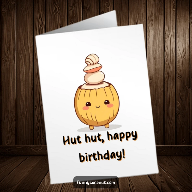 Funny Free Printable Birthday Card: Coconut humorously balancing a tall stack of tiny seashells on its head.