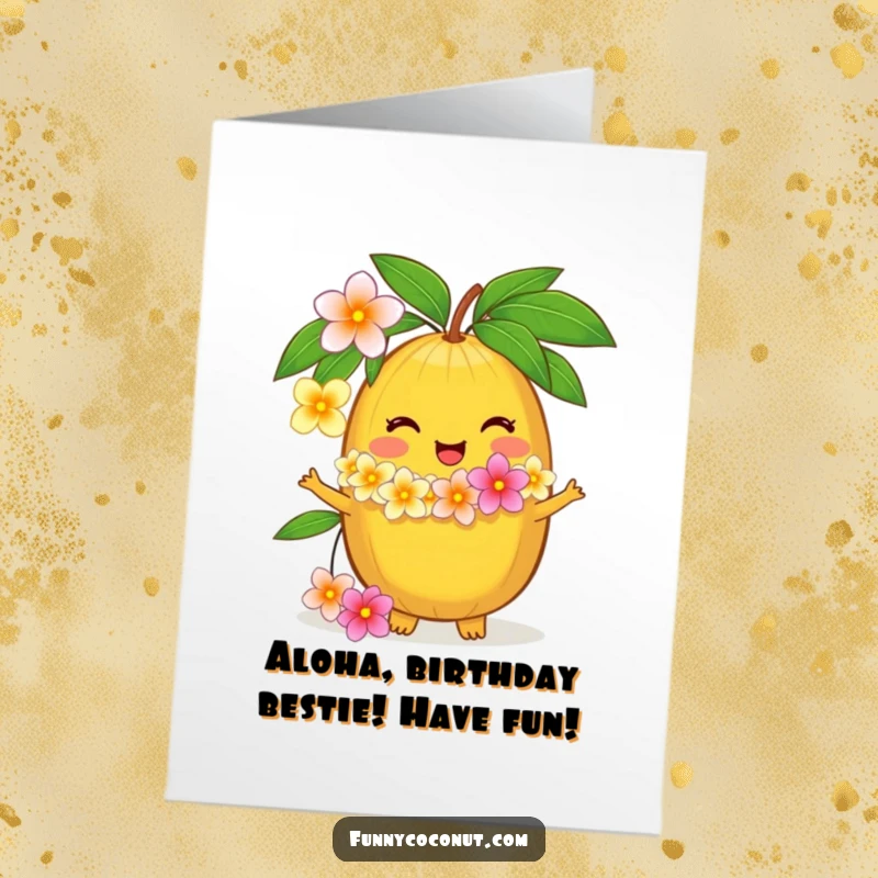 Funny Free Printable birthday card featuring a delighted coconut character offering a fresh flower lei, spreading tropical birthday cheer.