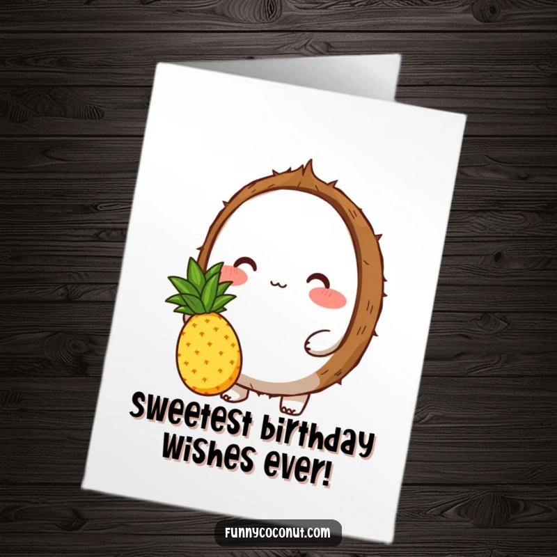Funny Free Printable Birthday Card: A blushing coconut character sweetly offering a small, delicious pineapple.