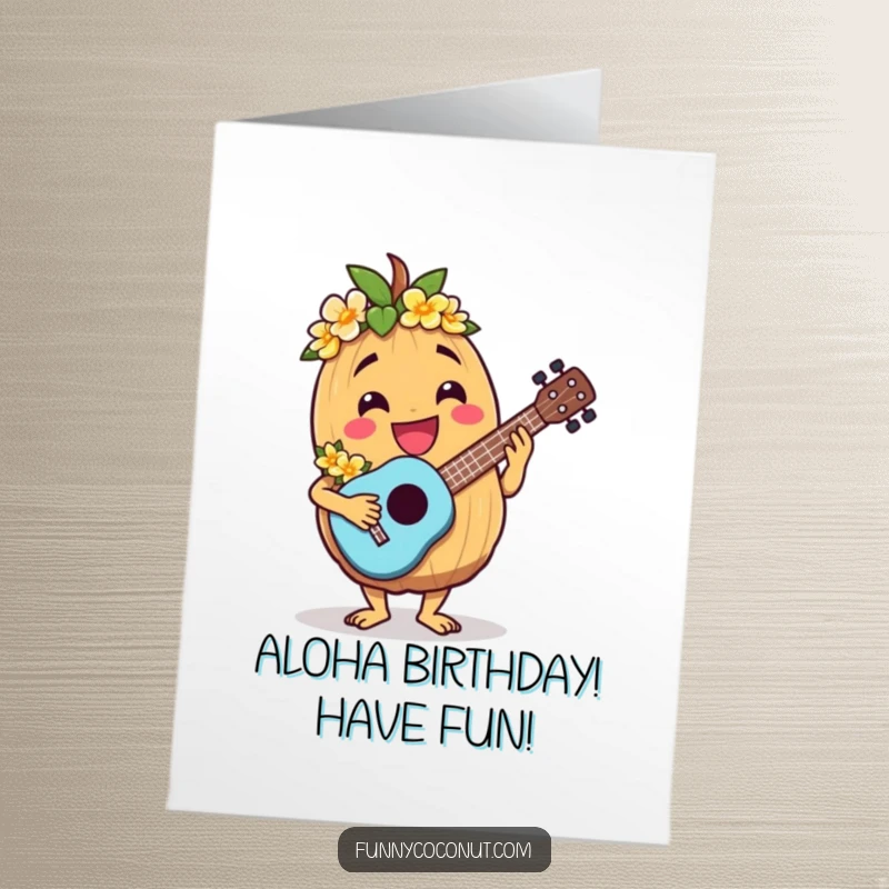 Funny Free Printable Birthday Card: Jovial coconut with lei playing ukulele, tropical vibes, downloadable gift.