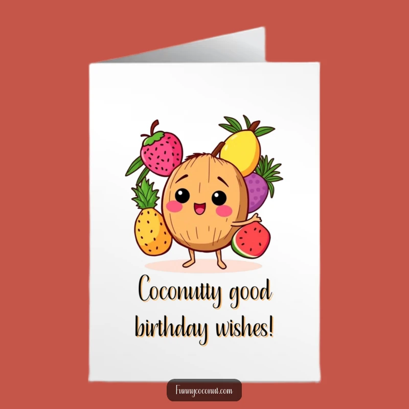 Free Printable Birthday Card: Giggling Coconut Juggling Fruits - Funny Downloadable Gift