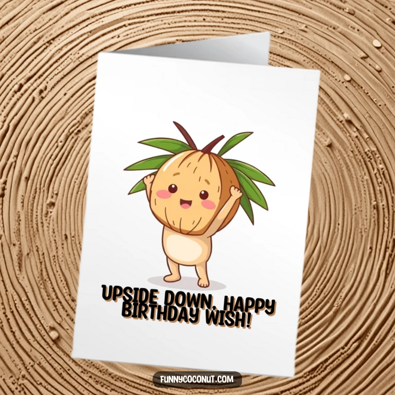 Funny free printable birthday card: a happy coconut balances in a handstand with its husk, showing off.