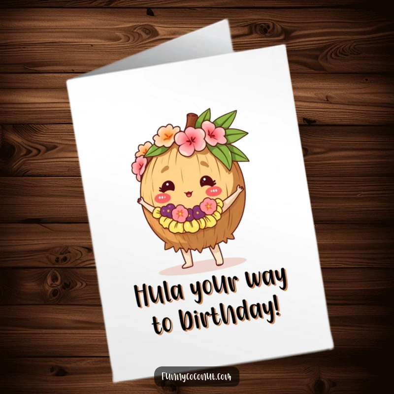 Funny Free Printable Birthday Card: A smiling coconut wearing a lei, doing a cheerful hula dance.