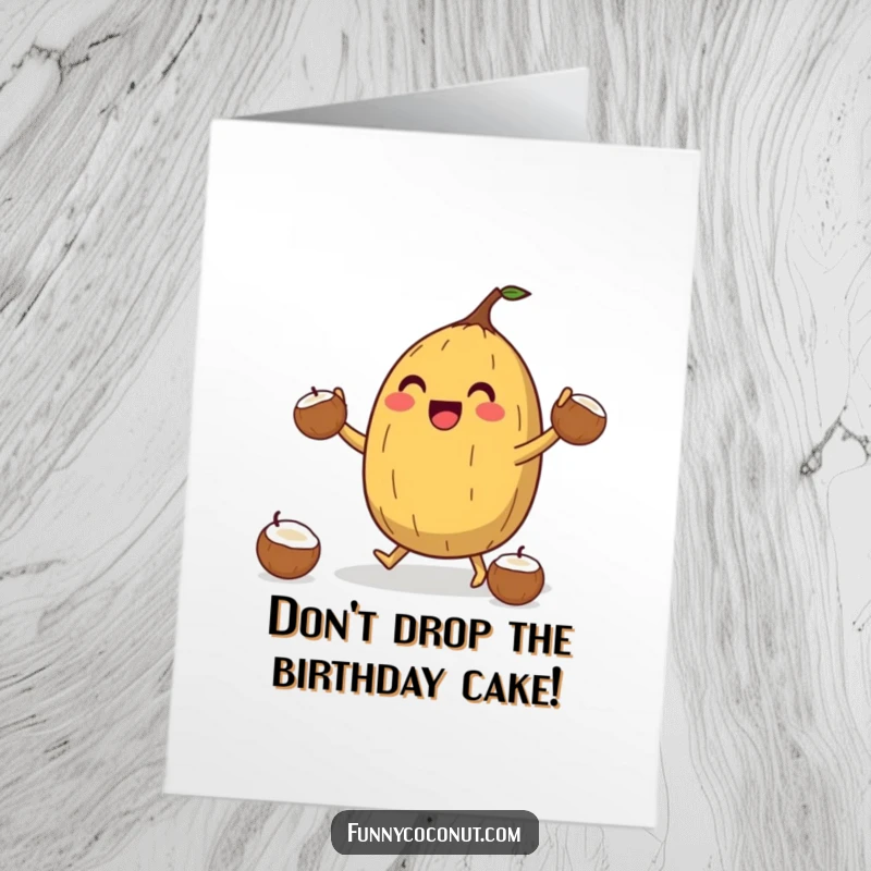 Funny free printable birthday card featuring a jubilant coconut hilariously attempting to juggle several smaller coconuts.