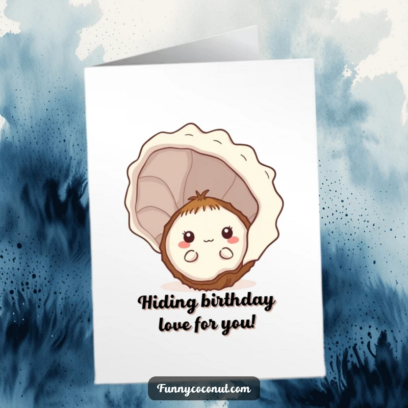 Funny Free Printable Birthday Card: Cute shy kawaii coconut peeking playfully from behind a large, intricate seashell, offering birthday wishes.