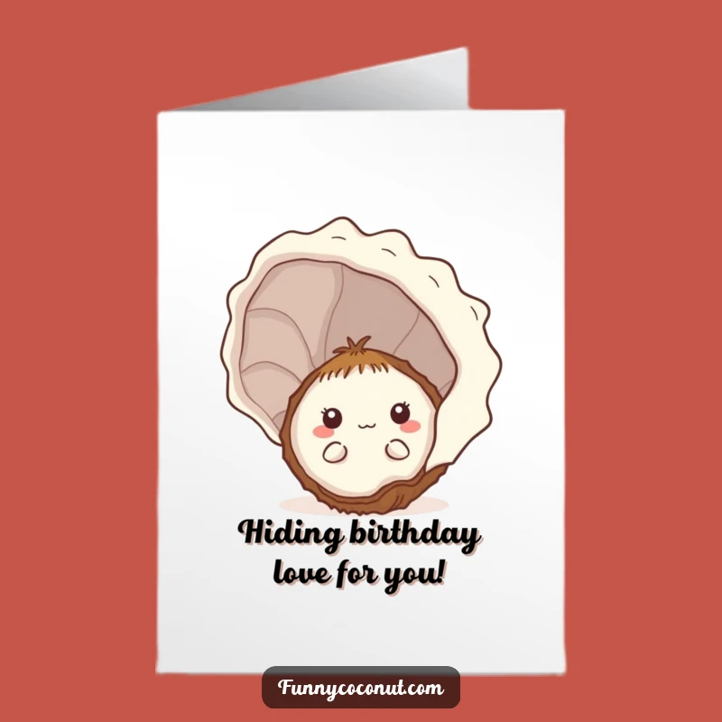 Free Printable Birthday Card: Shy Kawaii Coconut Hiding - Cute Downloadable Gift
