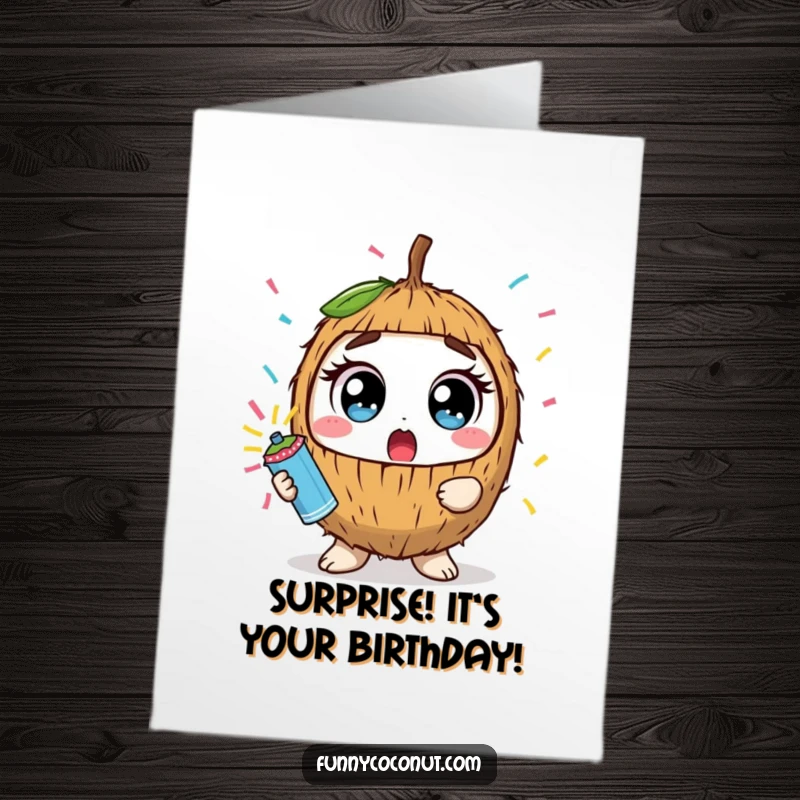Funny Free Printable Birthday Card: Surprised Kawaii Coconut Wide Eyes, Confetti Popper, Birthday Surprise Blast