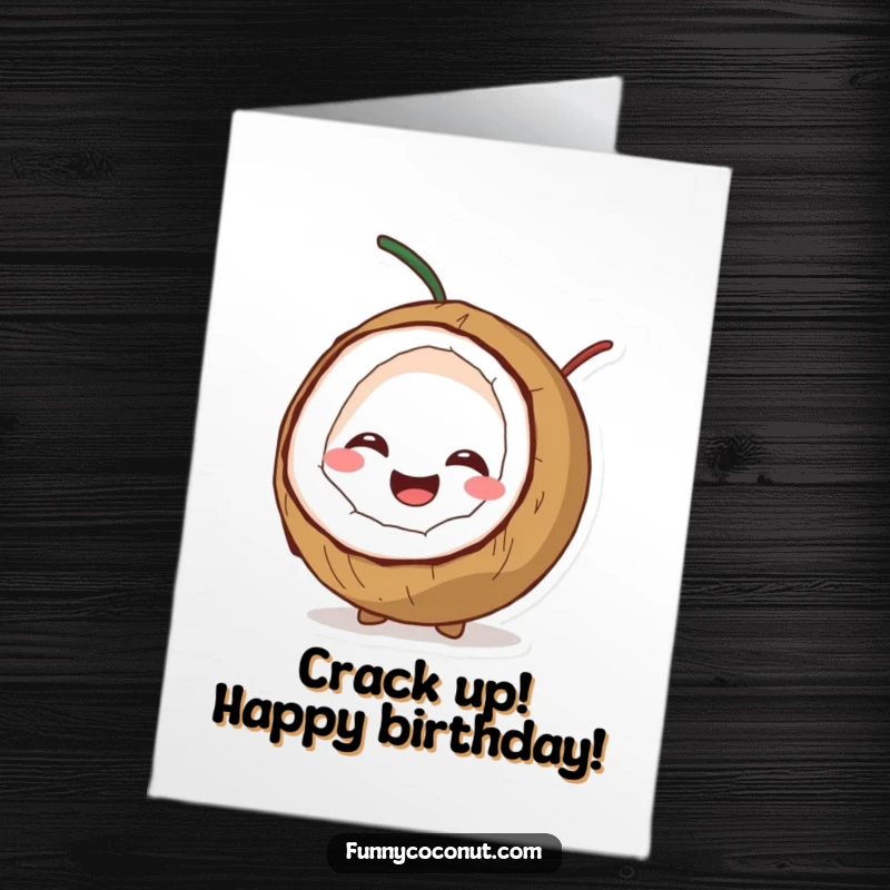 Funny Free Printable Birthday Card featuring a giggling coconut splitting open with a smile, a hilarious download.