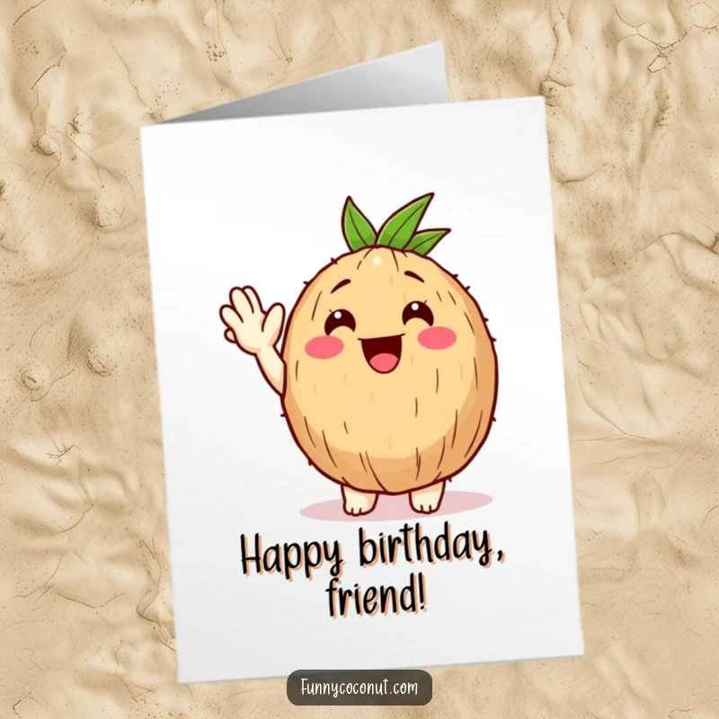 Funny Free Printable Birthday Card: Happy coconut character giving a big, friendly wave, a cheerful downloadable greeting.