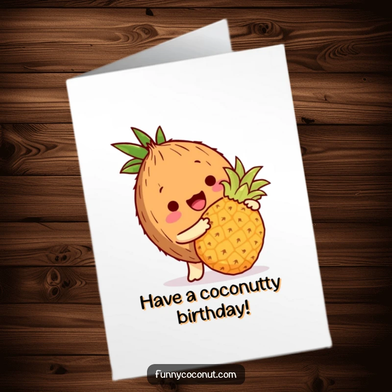 Funny Free Printable Birthday Card: Coconut Character Bopping Pineapple with Husk
