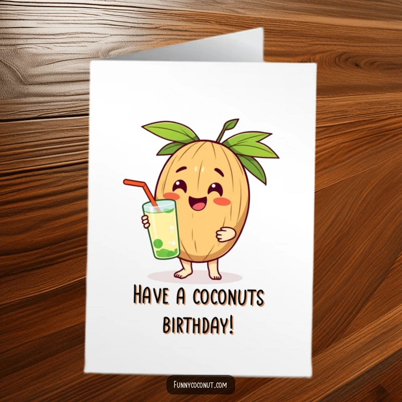 Funny Free Printable Birthday Card: Cheerful coconut character smiling and presenting a refreshing beverage as a delightful birthday gift.