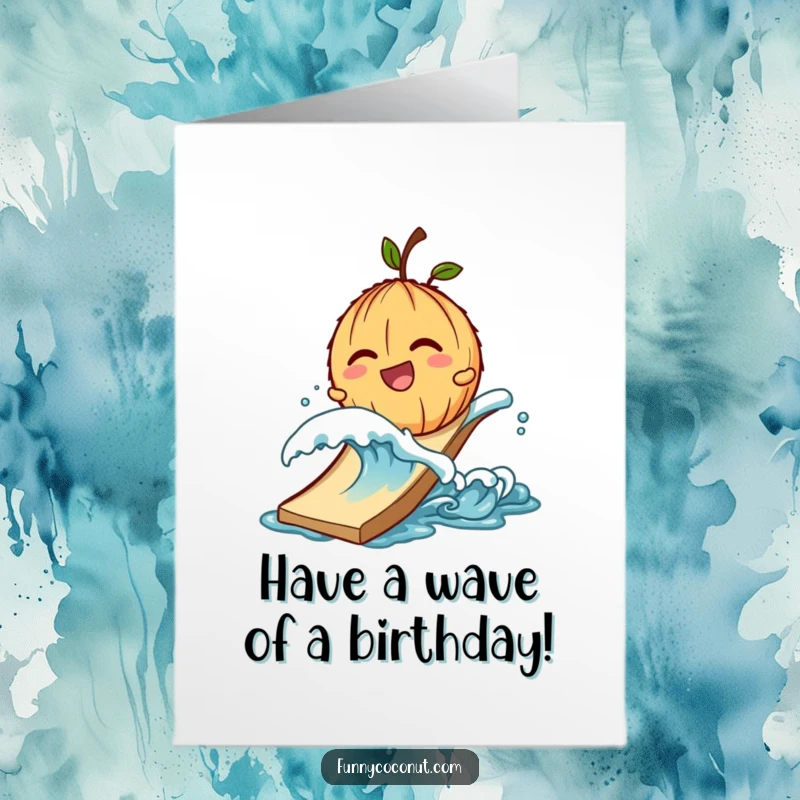Funny Free Printable Birthday Card: Giggling coconut character sliding down a wave, tropical fun, downloadable gift.
