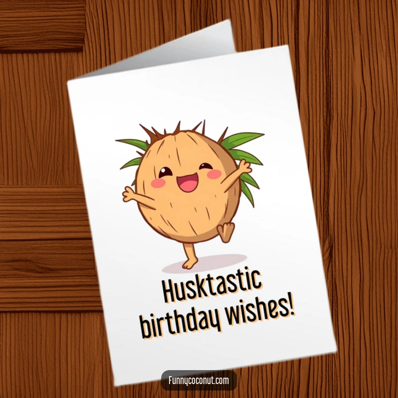 Funny Free Printable Birthday Card: Delighted coconut character doing a cartwheel with its husk, tropical fun, downloadable gift.