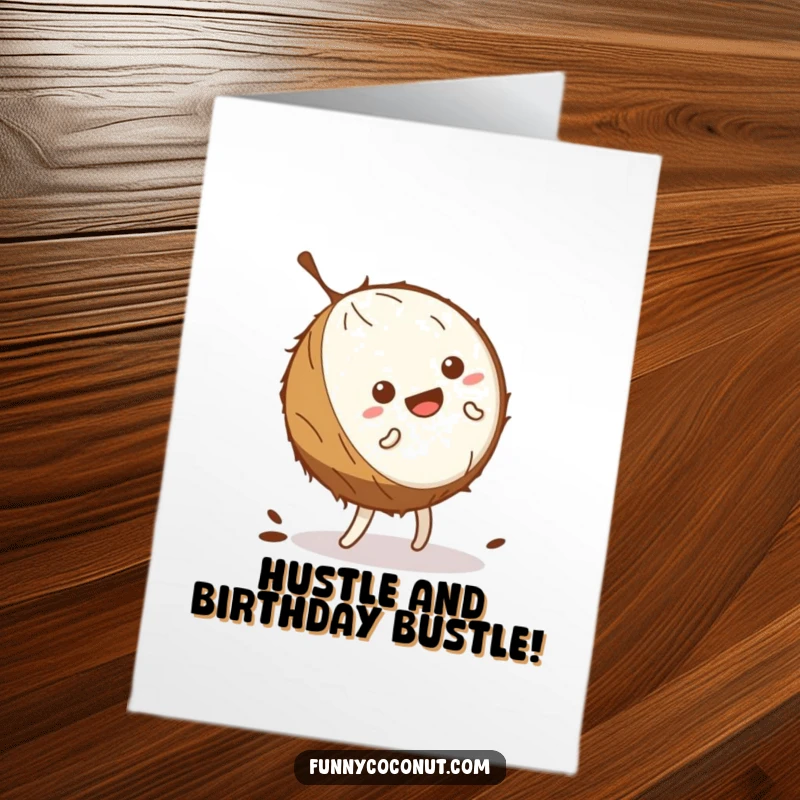 Funny Free Printable Birthday Card: Kawaii Coconut Trying Cartwheel, Wobbling Husk, Birthday Acrobatics, Hilarious Attempt