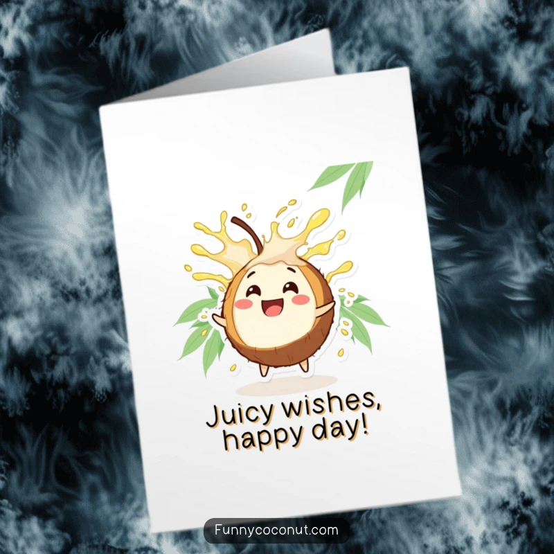 Funny Free Printable Coconut Birthday Card: Happy coconut character sprays juice, celebrating a fun birthday with a downloadable design.