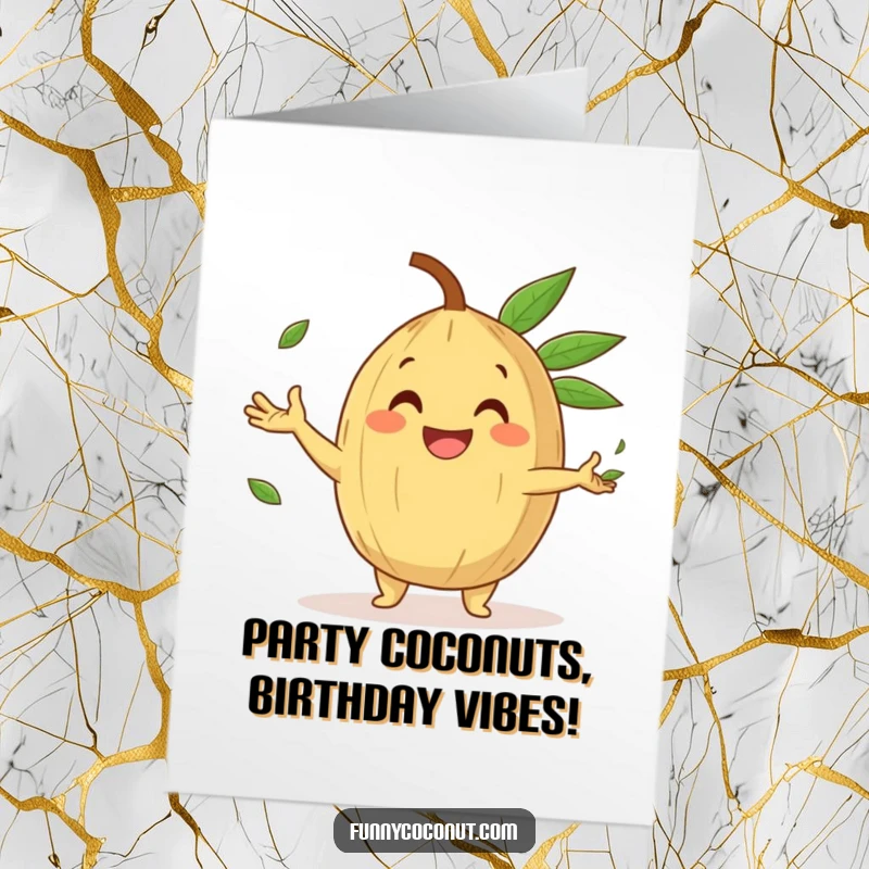 Funny free printable birthday card: A happy coconut with a huge grin juggles several small palm leaves with impressive skill.