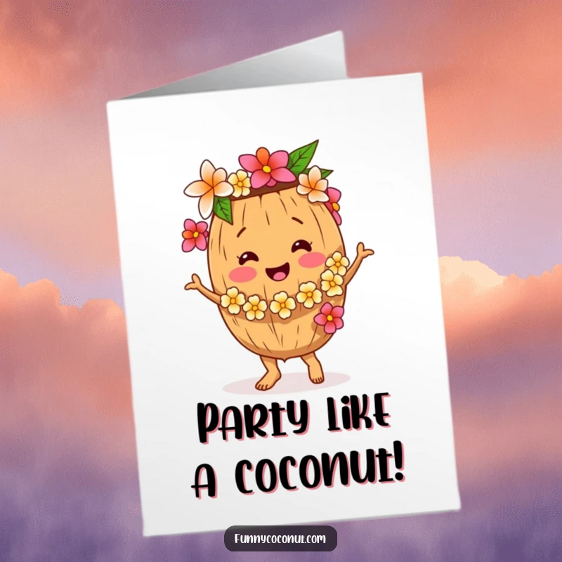 Funny Free Printable Birthday Card: A smiling coconut in a flower lei dances with great enthusiasm.