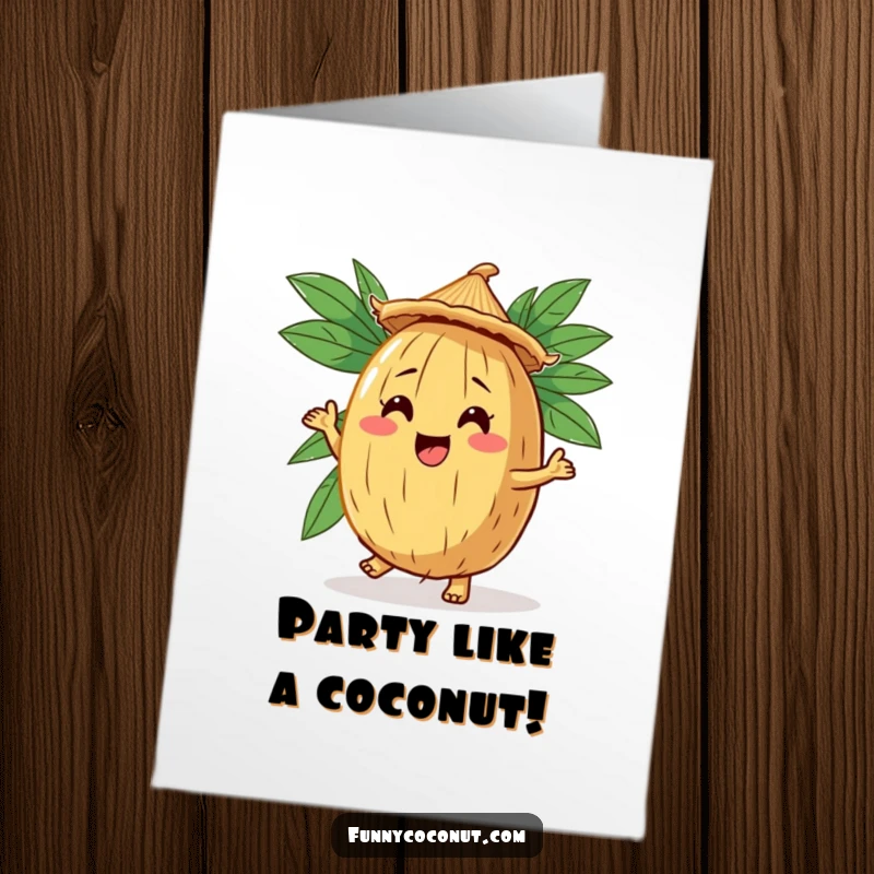 Funny Free Printable Coconut Birthday Card: Comical coconut character wearing a straw hat and dancing, celebrating a fun birthday.