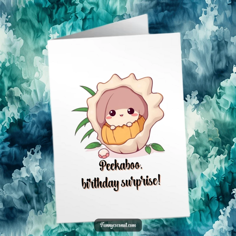 Funny Free Printable Birthday Card: A curious coconut with wide eyes peeks mischievously from behind a large seashell.