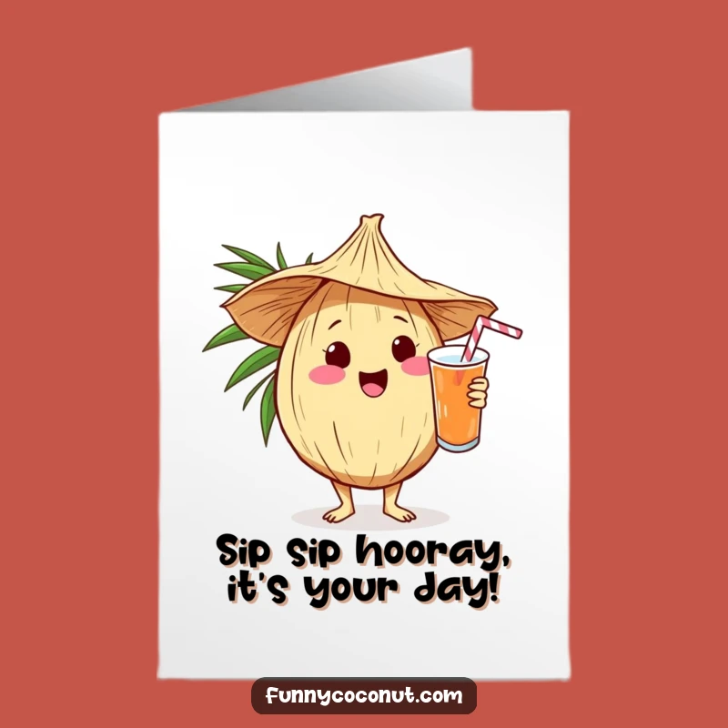 Free Printable Birthday Card: Tropical Kawaii Coconut Bartender - Fun Downloadable Gift
