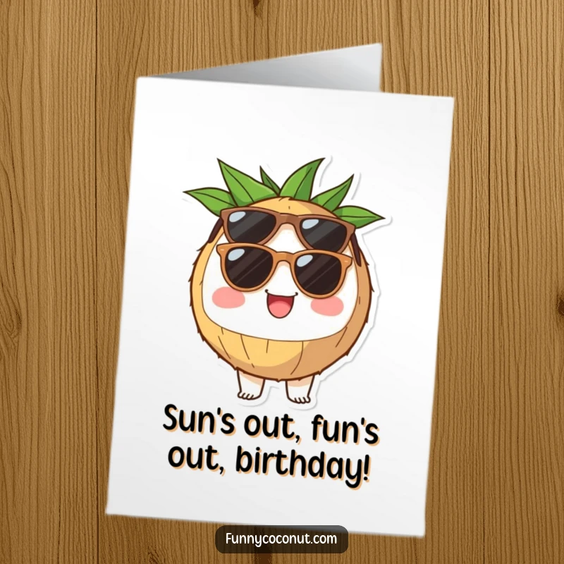 Funny Free Printable Birthday Card featuring a cheerful coconut half character wearing cool sunglasses, ready to party.