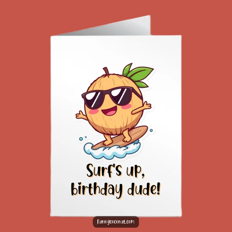 Free Printable Birthday Card: Surfing Coconut, Funny Downloadable Gift for Beach Lovers