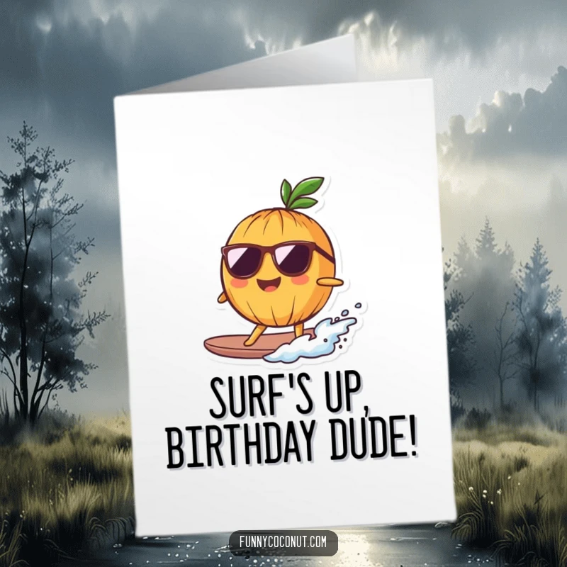 Funny free printable birthday card: A smiling coconut wearing sunglasses surfs a tiny wave with a laid-back, cool attitude.