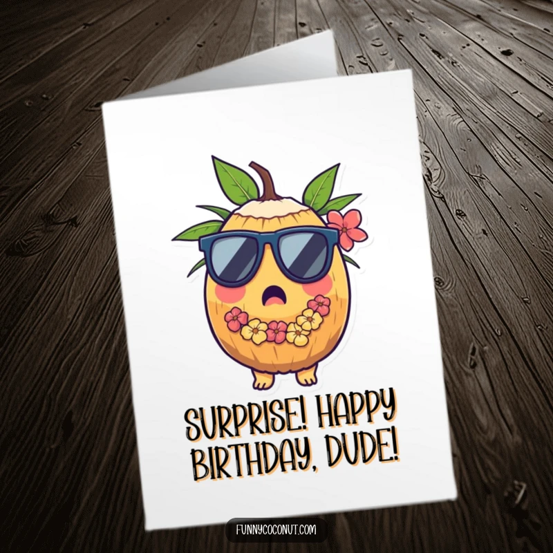 Funny Free Printable Birthday Card featuring a surprised coconut in sunglasses and lei, a tropical downloadable surprise.