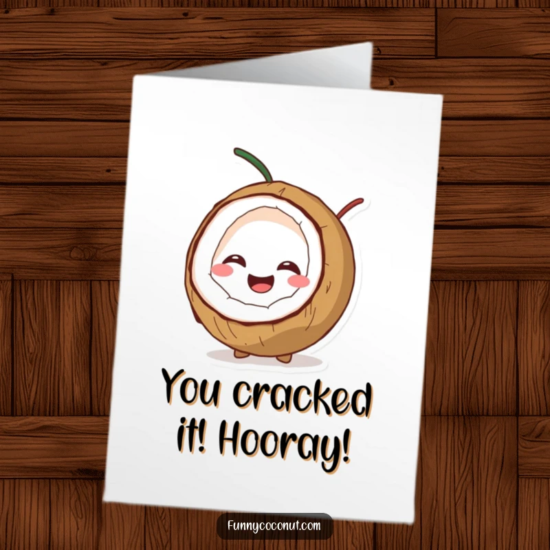 Funny Free Printable Congratulations Card showing a giggling coconut splitting open happily, a fun downloadable surprise.