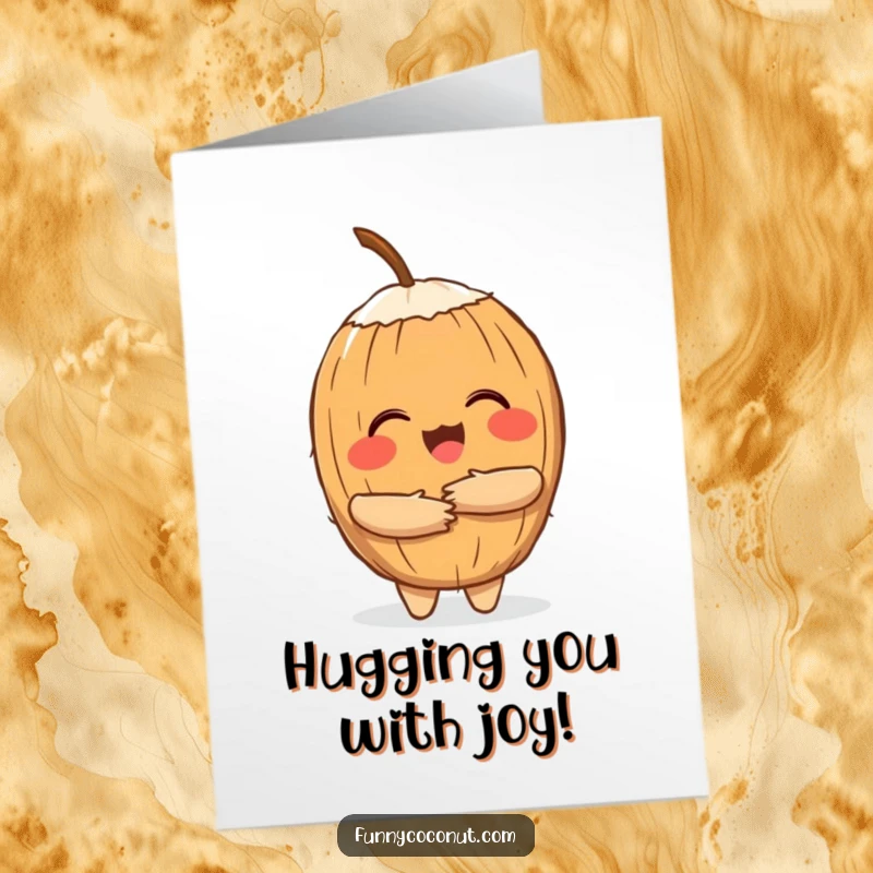 Funny Free Printable Congratulations Card showing a cheerful coconut giving a warm hug, a perfect downloadable celebration.