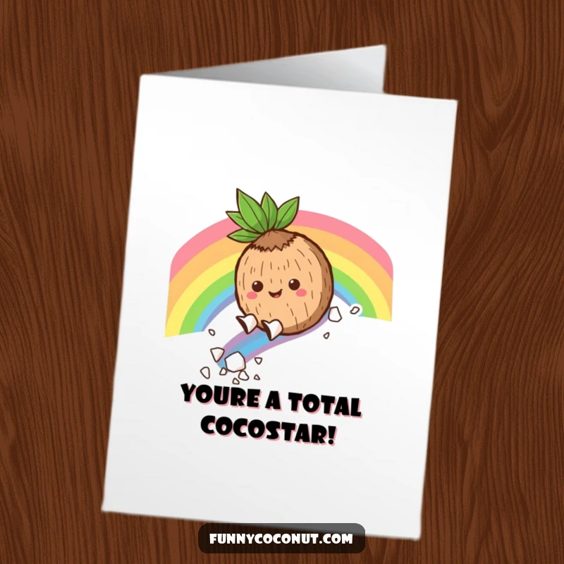 Funny Free Printable Congratulations Card: A happy coconut character slides down a colorful rainbow, spreading joy and flakes.