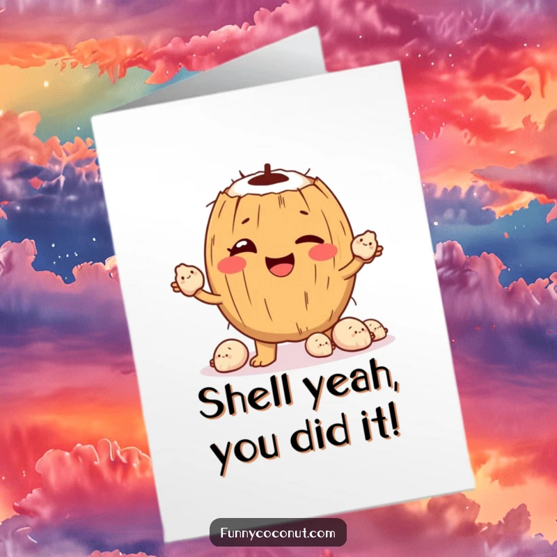 Funny Free Printable Congratulations Card: A winking coconut juggles tiny smiling seashells, celebrating your awesome achievement.