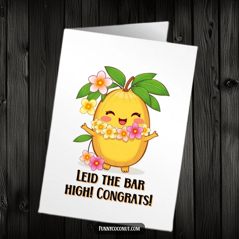 Funny Free Printable congratulations card with a delighted coconut character presenting a fresh flower lei, celebrating successes with island joy.