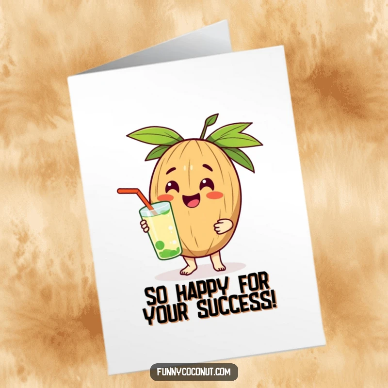 Funny Free Printable Congratulations Card: Cheerful coconut character happily offers a cool drink as a refreshing gift for an achievement.