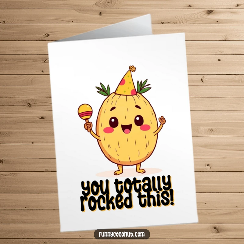 Funny free printable congratulations card showing a cheerful coconut in a party hat shaking maracas to celebrate an achievement.