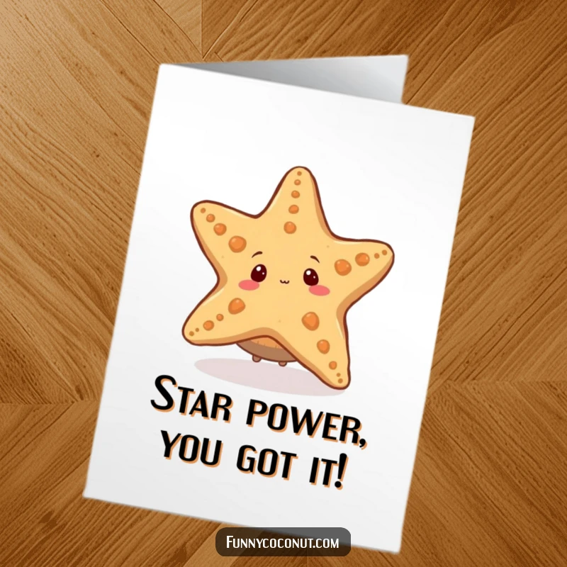 Funny Free Printable Congratulations Card: Coconut peeking from behind a large, happy starfish, celebrating success.