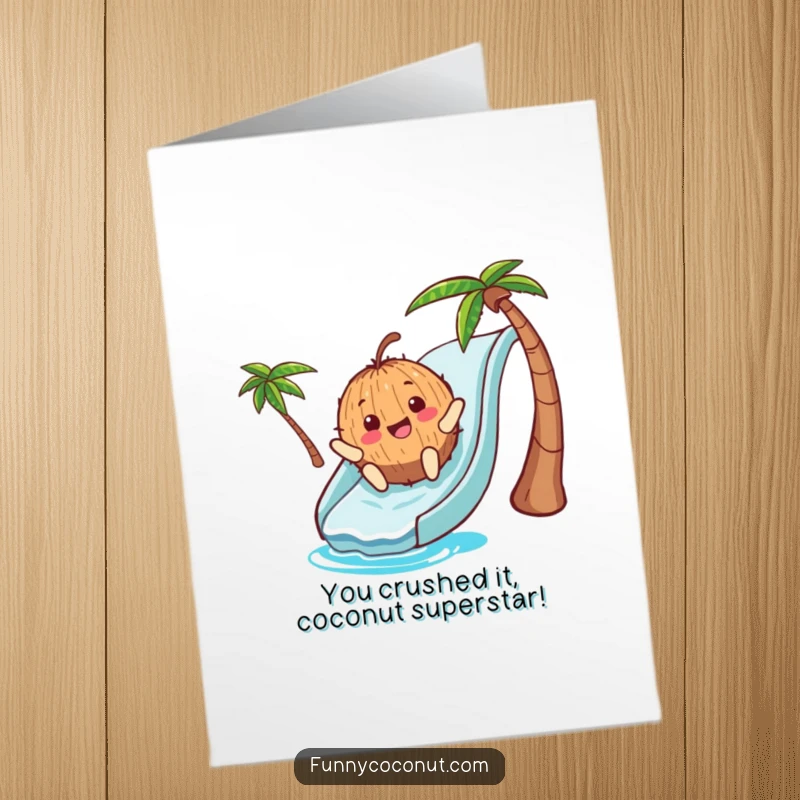 Free Printable Congratulations Card: A joyful coconut character zooming down a water slide, celebrating success with excitement.