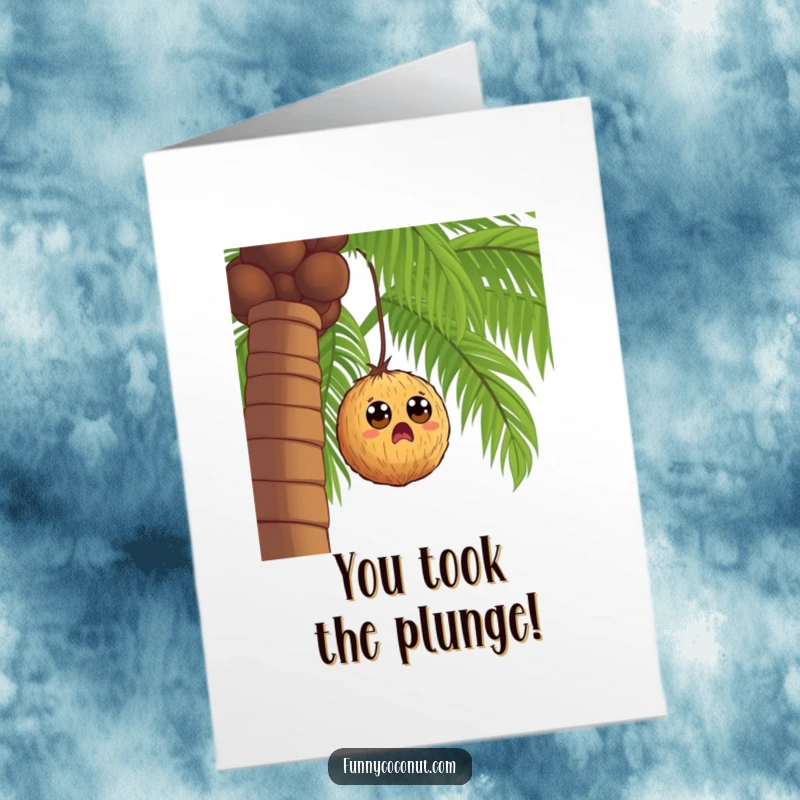 Funny Free Printable Congratulations Card: A coconut with shocked eyes is gently falling from a palm tree, symbolizing surprise.