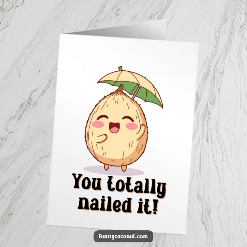 Funny Free Printable Congratulations Card showing a giggling coconut character with a tiny umbrella, radiating pure excitement and cheer.