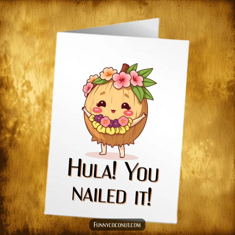 Funny Free Printable Congrats Card: A coconut in a lei dancing the hula, full of tropical spirit.